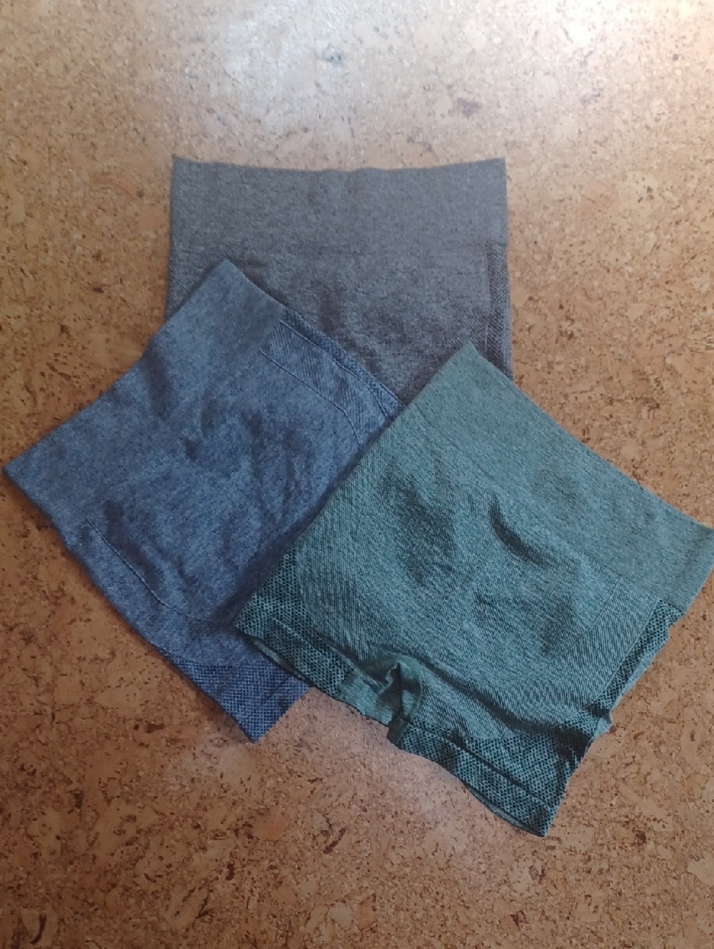 Three Pairs Of Women's Active  Bootie Lift Shorts: Grey, Blue, Green Size L NWOT